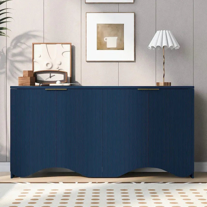 White 4-Door Storage Cabinet with Wavy Stripe Design