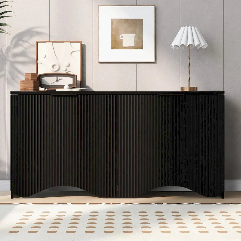 White 4-Door Storage Cabinet with Wavy Stripe Design