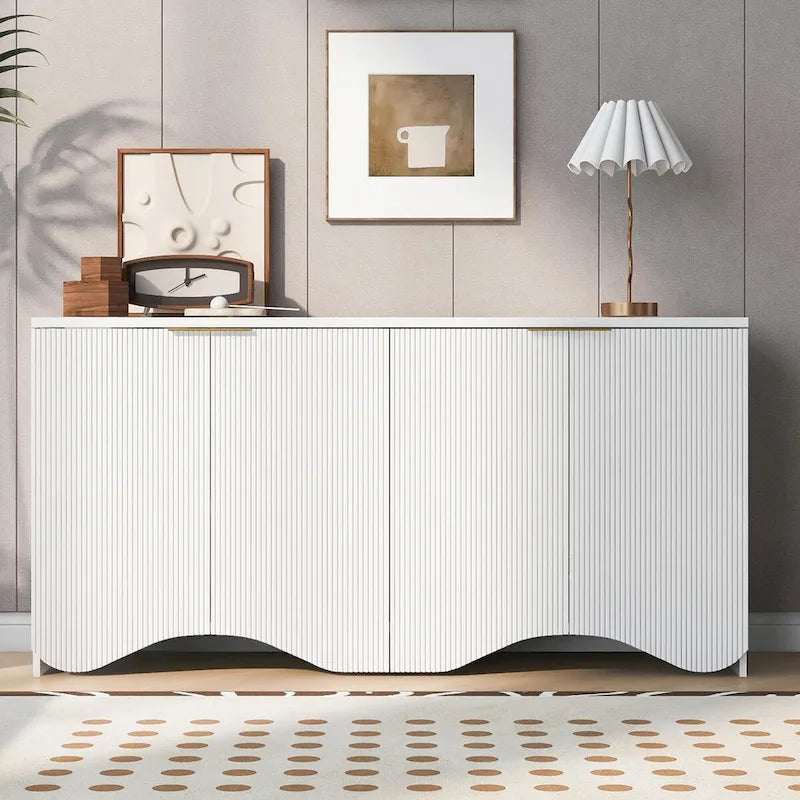 White 4-Door Storage Cabinet with Wavy Stripe Design