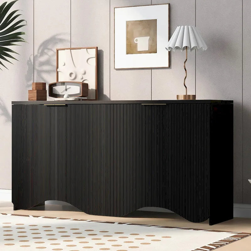 White 4-Door Storage Cabinet with Wavy Stripe Design