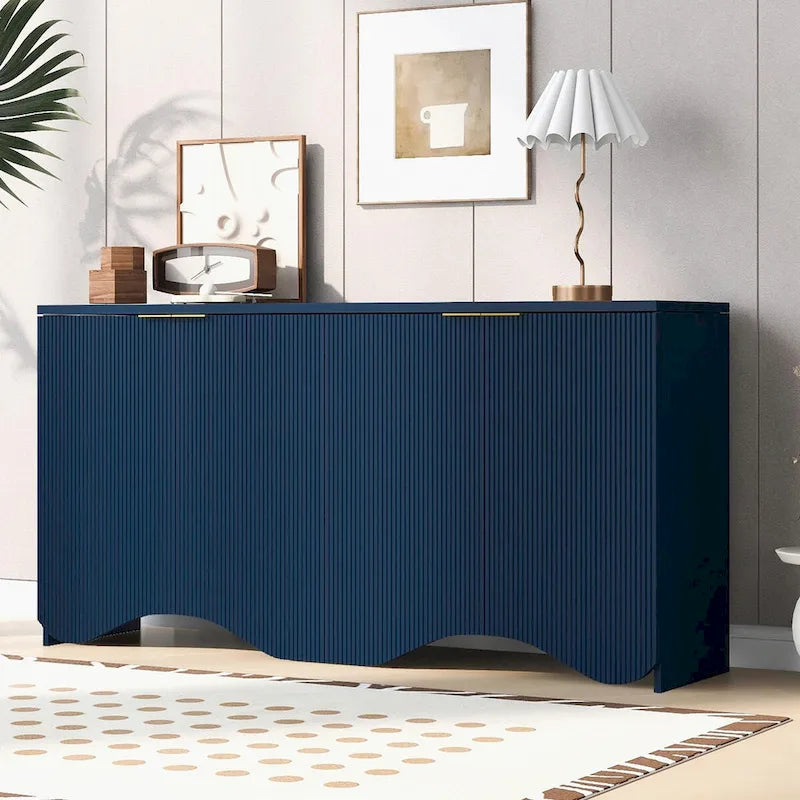 White 4-Door Storage Cabinet with Wavy Stripe Design