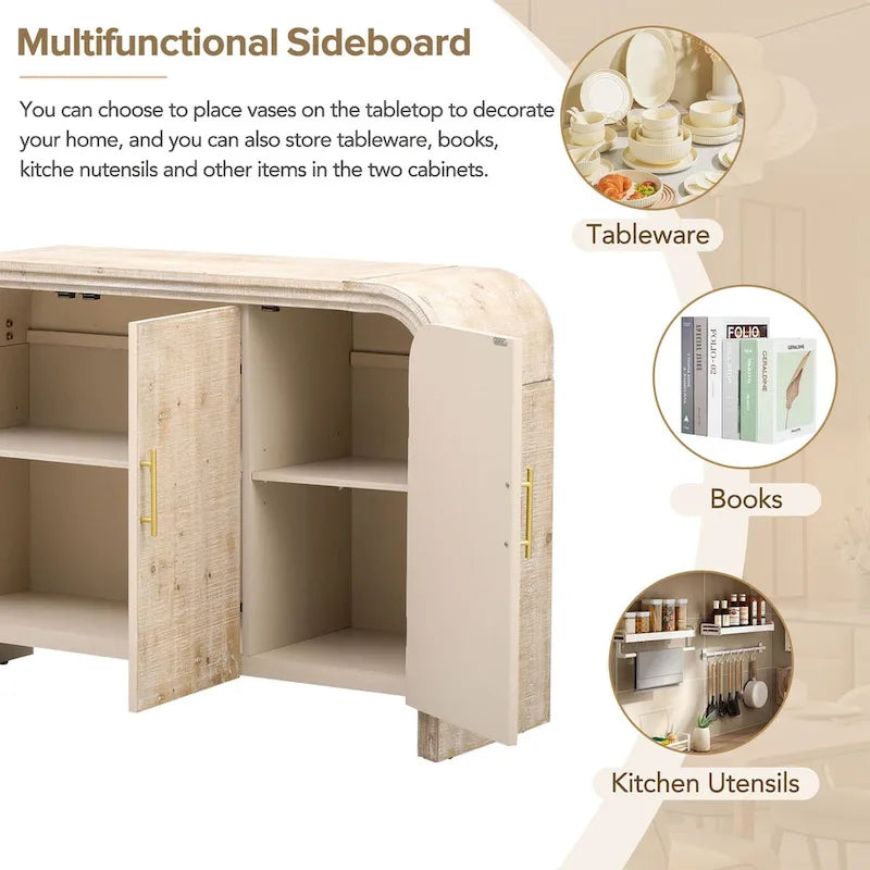 Curved Sideboard - Natural Wood Finish - Gold Handles - 3 Doors