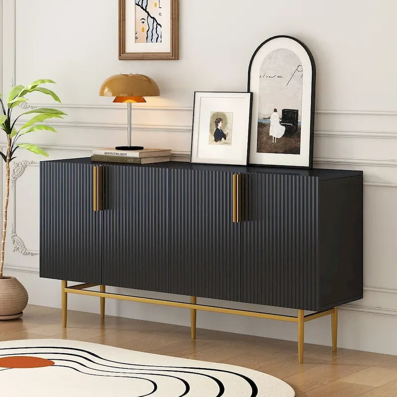 Black 60" 4-Door Sideboard with Gold Metal Accents