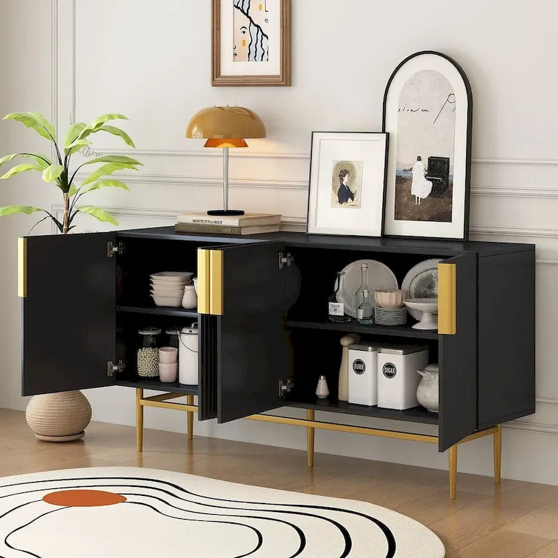 Black 60" 4-Door Sideboard with Gold Metal Accents