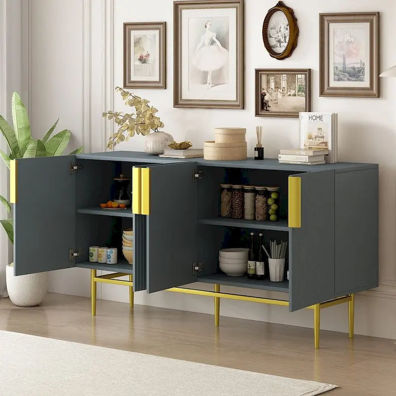 Black 60" 4-Door Sideboard with Gold Metal Accents