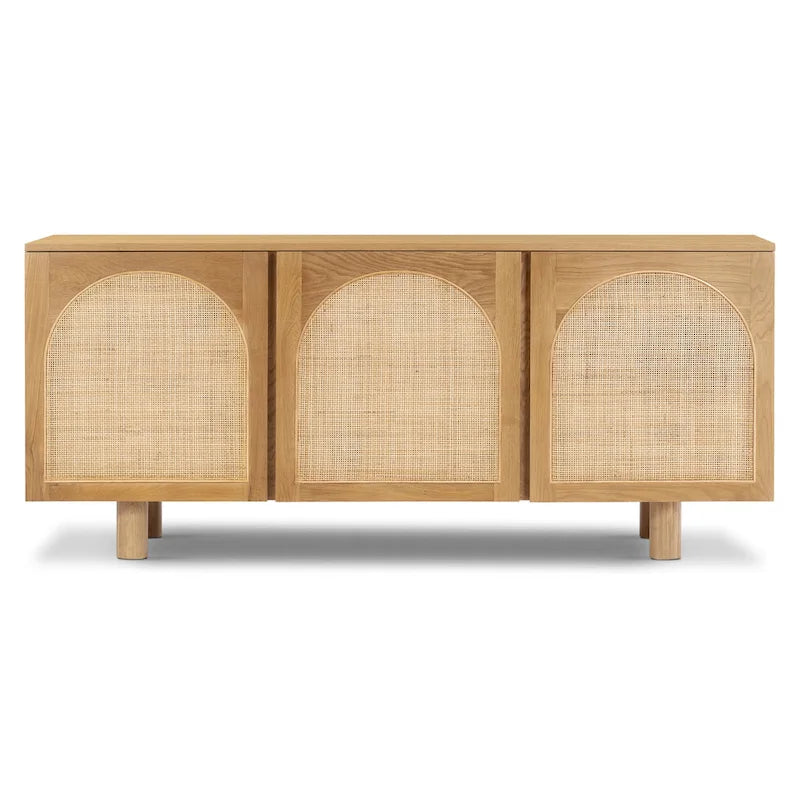 Natural Oak Sideboard - Arched Cane Doors - 70" Wide - 3 Cabinets