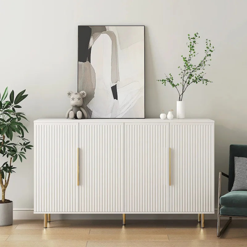 White Fluted Panel Storage Cabinet with Metal Handles