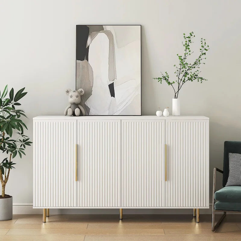 White Fluted Panel Storage Cabinet with Metal Handles