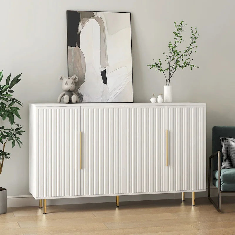 White Fluted Panel Storage Cabinet with Metal Handles