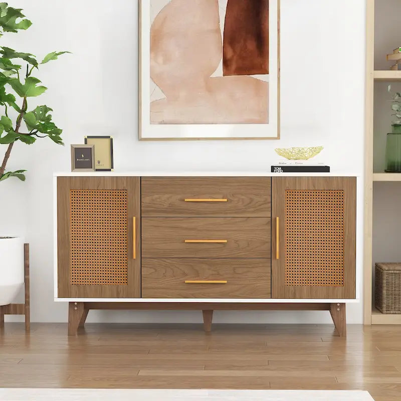 59" Rattan Storage Cabinet with 3 Drawers - Black/White