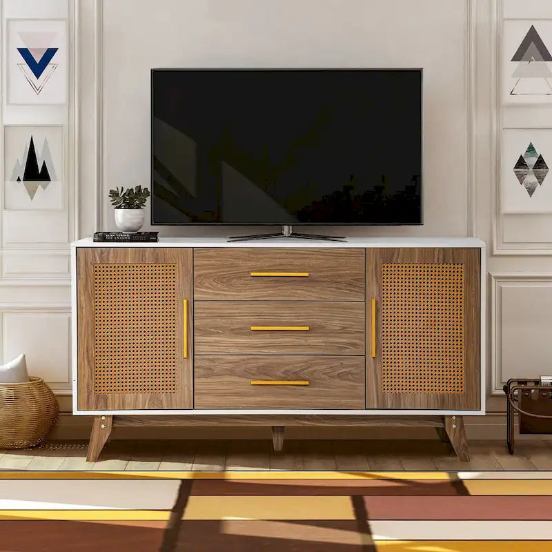 59" Rattan Storage Cabinet with 3 Drawers - Black/White