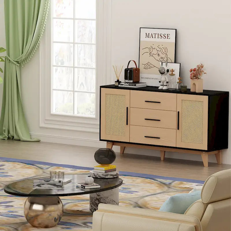 59" Rattan Storage Cabinet with 3 Drawers - Black/White