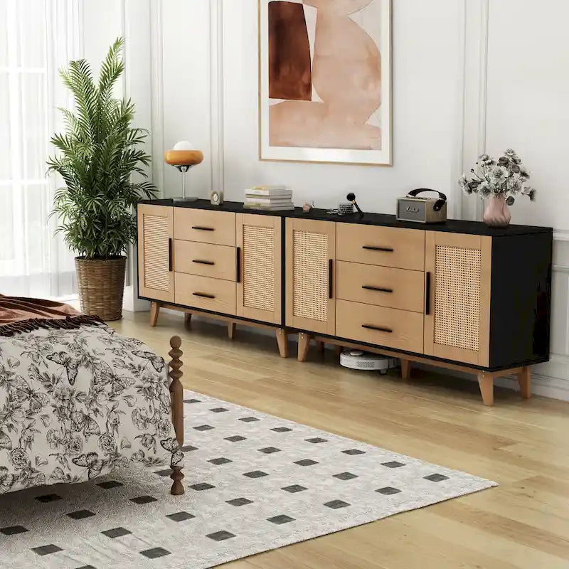 59" Rattan Storage Cabinet with 3 Drawers - Black/White