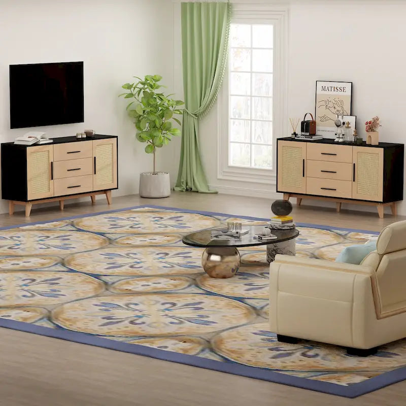 59" Rattan Storage Cabinet with 3 Drawers - Black/White