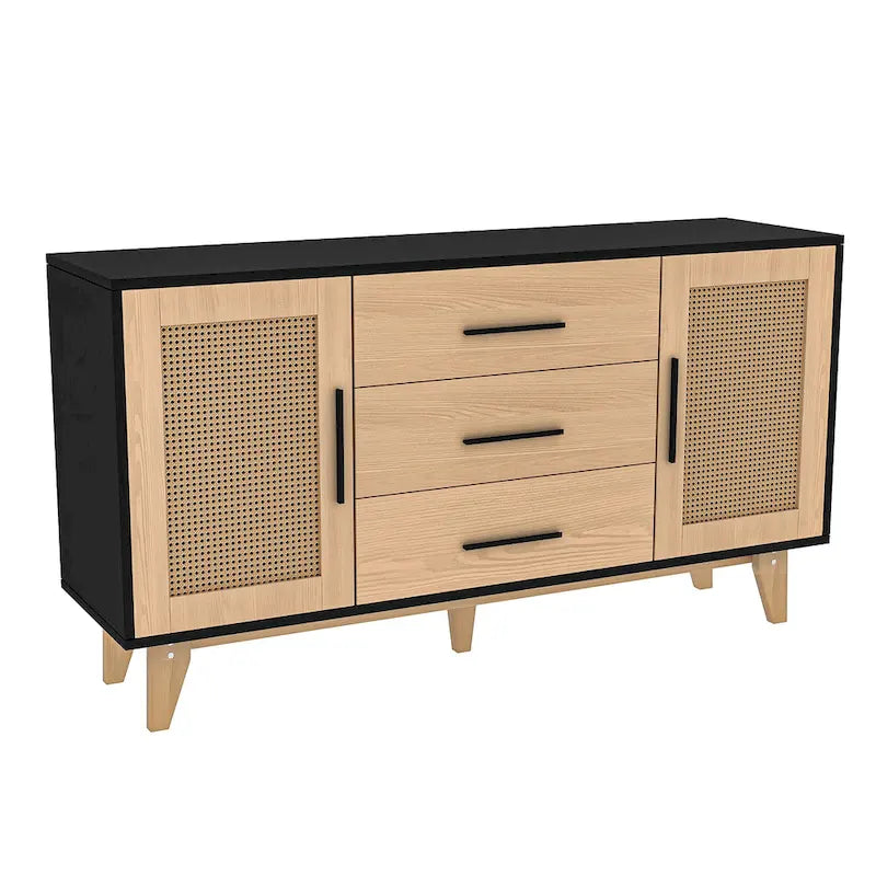 59" Rattan Storage Cabinet with 3 Drawers - Black/White