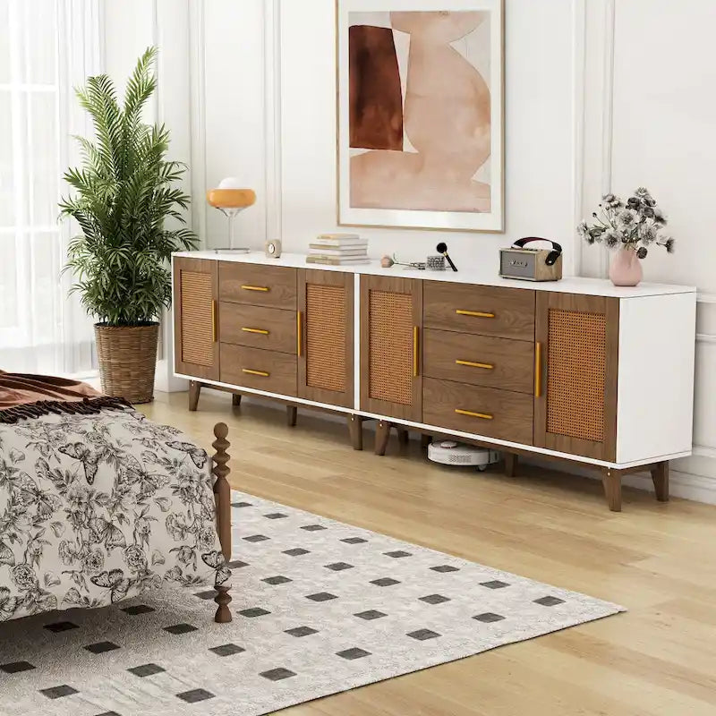 59" Rattan Storage Cabinet with 3 Drawers - Black/White