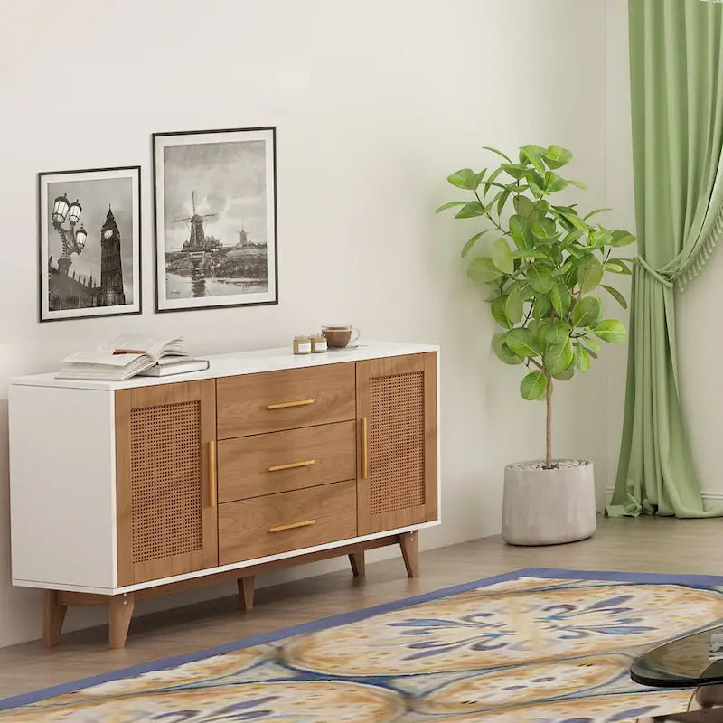 59" Rattan Storage Cabinet with 3 Drawers - Black/White