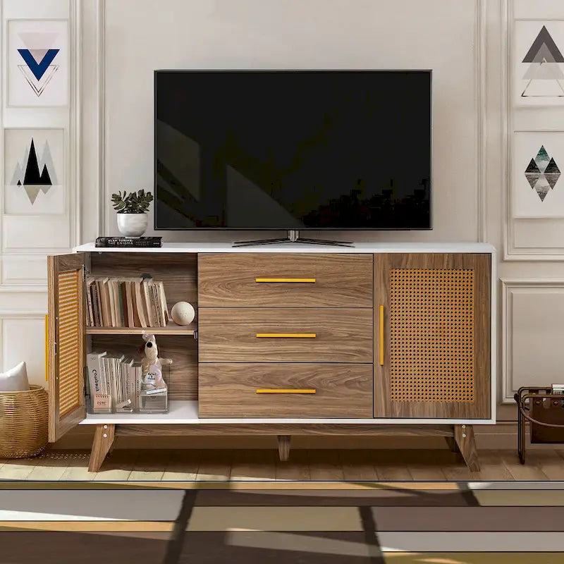 59" Rattan Storage Cabinet with 3 Drawers - Black/White