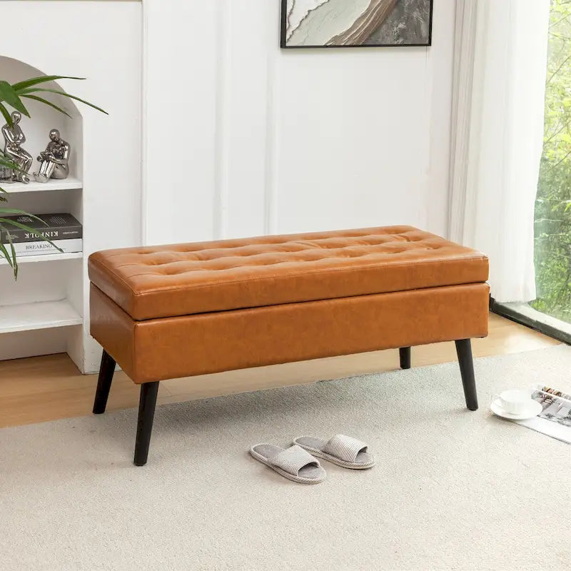 Black Faux Leather Storage Bench with Wood Legs