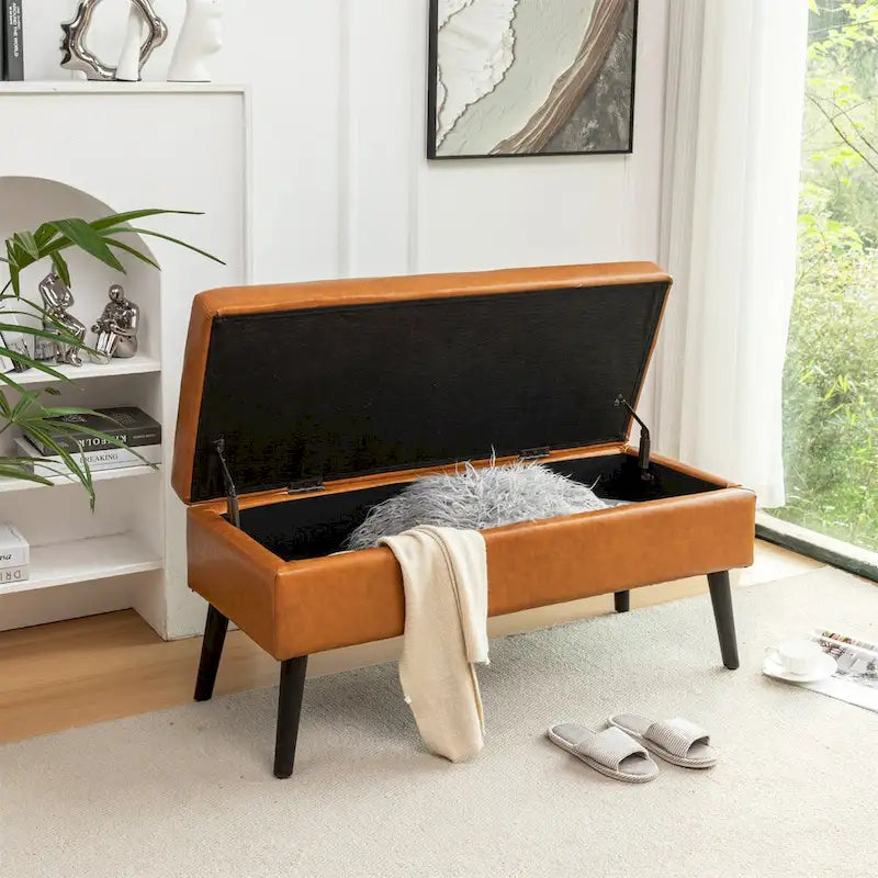 Black Faux Leather Storage Bench with Wood Legs