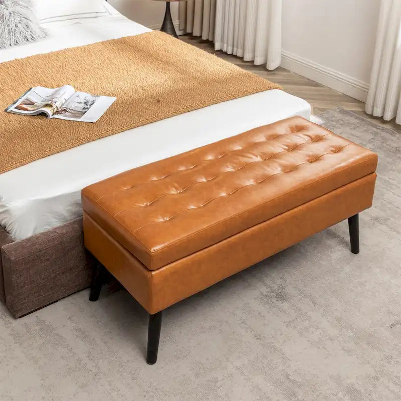 Black Faux Leather Storage Bench with Wood Legs