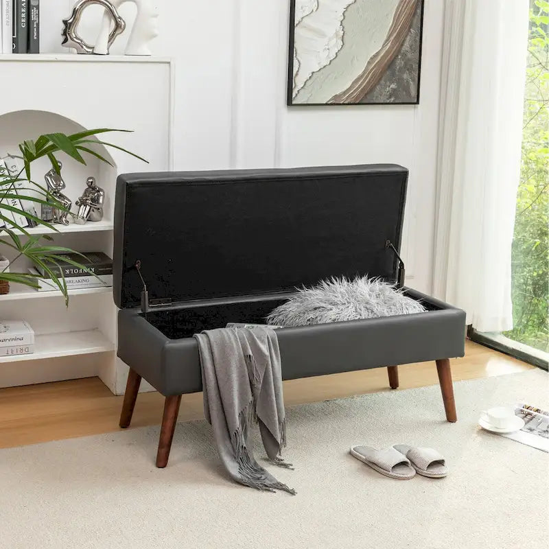 Black Faux Leather Storage Bench with Wood Legs