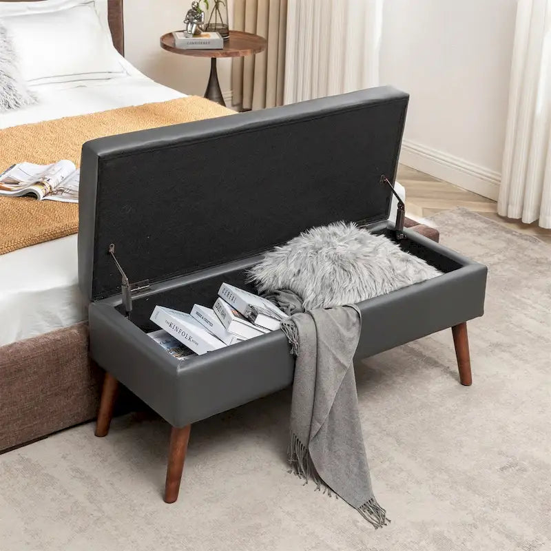 Black Faux Leather Storage Bench with Wood Legs
