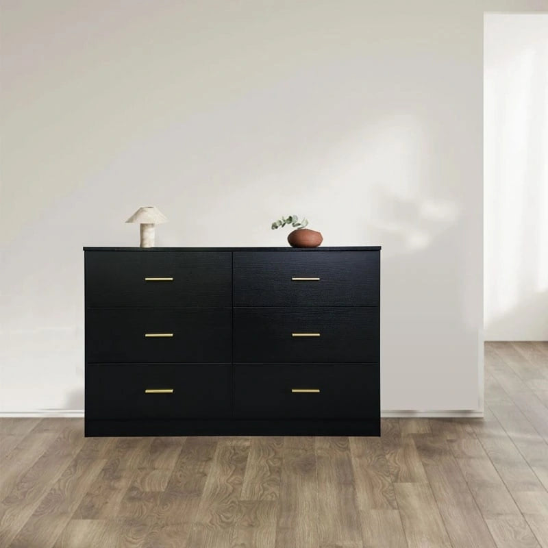 Black 6-Drawer Dresser - Particle Board - Waterproof Surface