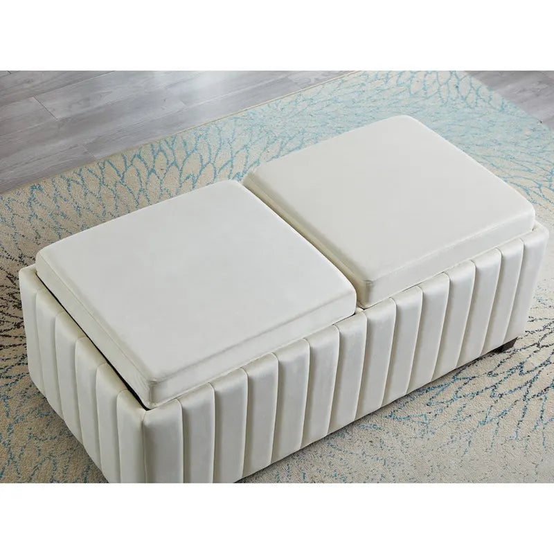 Beige Velvet Storage Ottoman Bench - 45" Wide - Coffee Tray Top