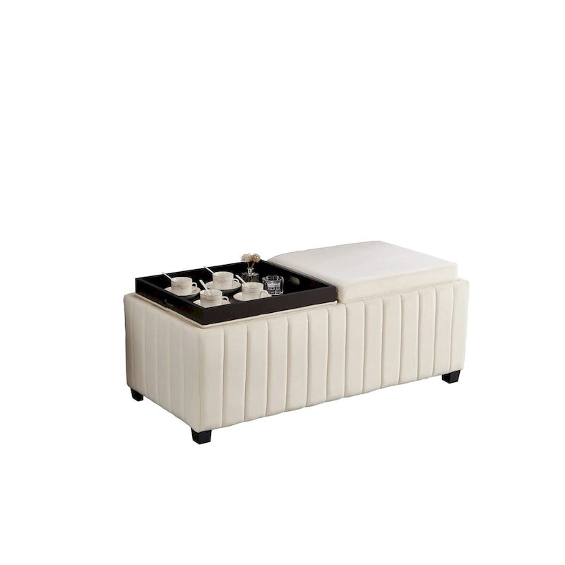 Beige Velvet Storage Ottoman Bench - 45" Wide - Coffee Tray Top