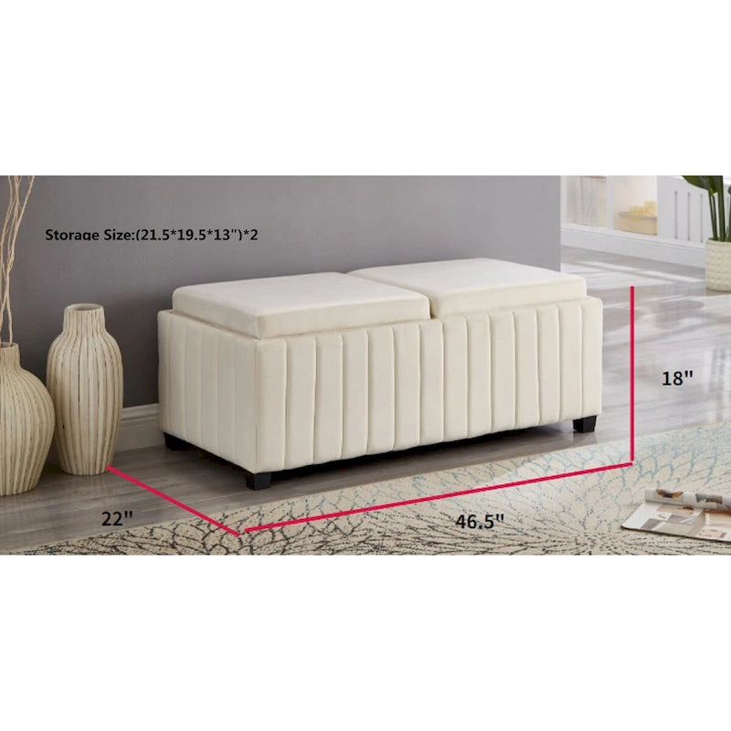 Beige Velvet Storage Ottoman Bench - 45" Wide - Coffee Tray Top