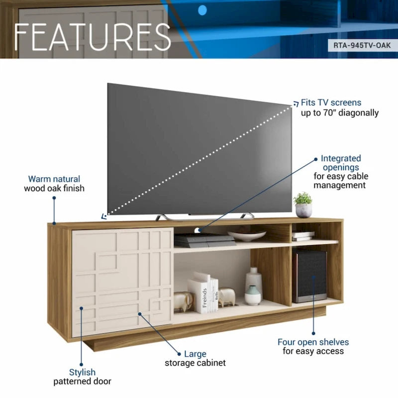 Oak 63" TV Stand with Patterned Door for TVs up to 70"