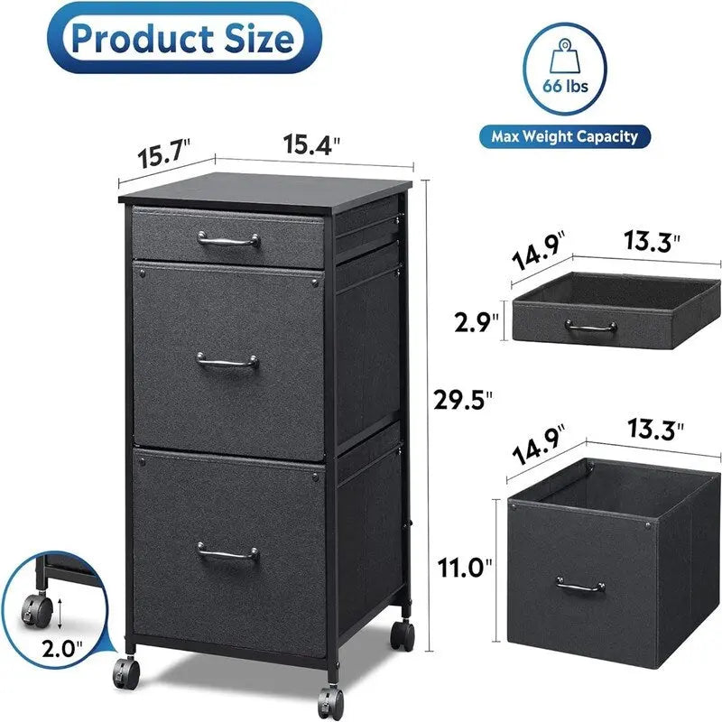 Mobile File Cabinet - 3 Drawers - Wood Top - Steel Frame - Rolling