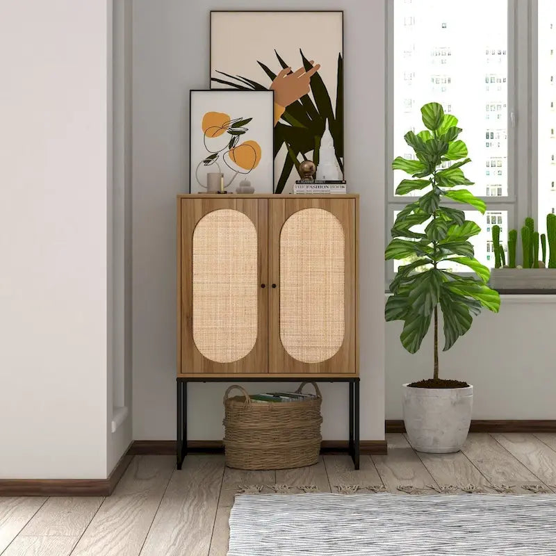 Natural Rattan Tall Storage Cabinet with Metal Legs