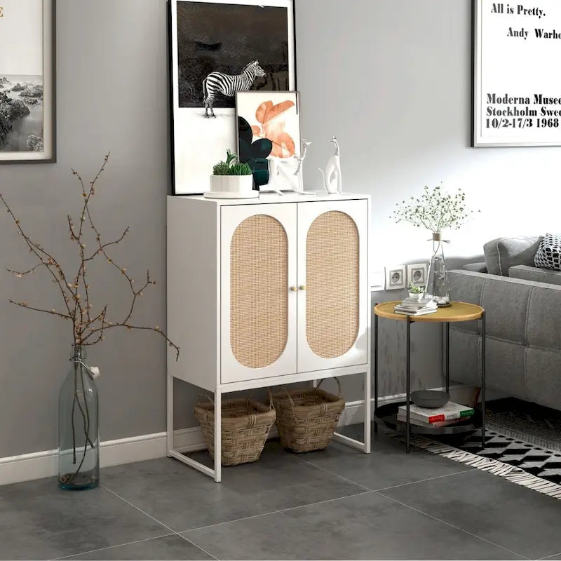 Natural Rattan Tall Storage Cabinet with Metal Legs