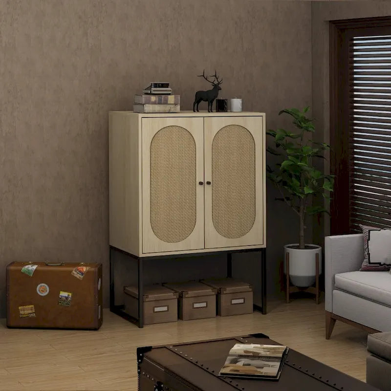 Natural Rattan Tall Storage Cabinet with Metal Legs