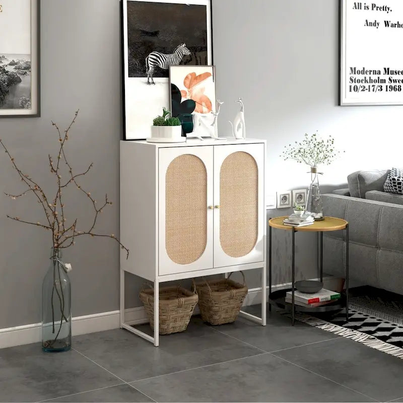 Natural Rattan Tall Storage Cabinet with Metal Legs