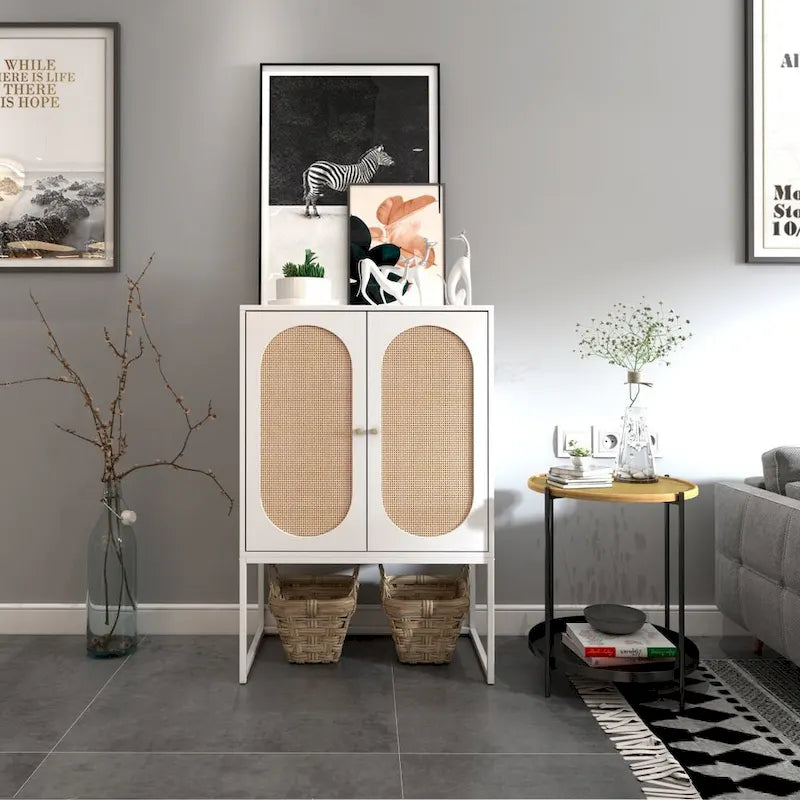 Natural Rattan Tall Storage Cabinet with Metal Legs