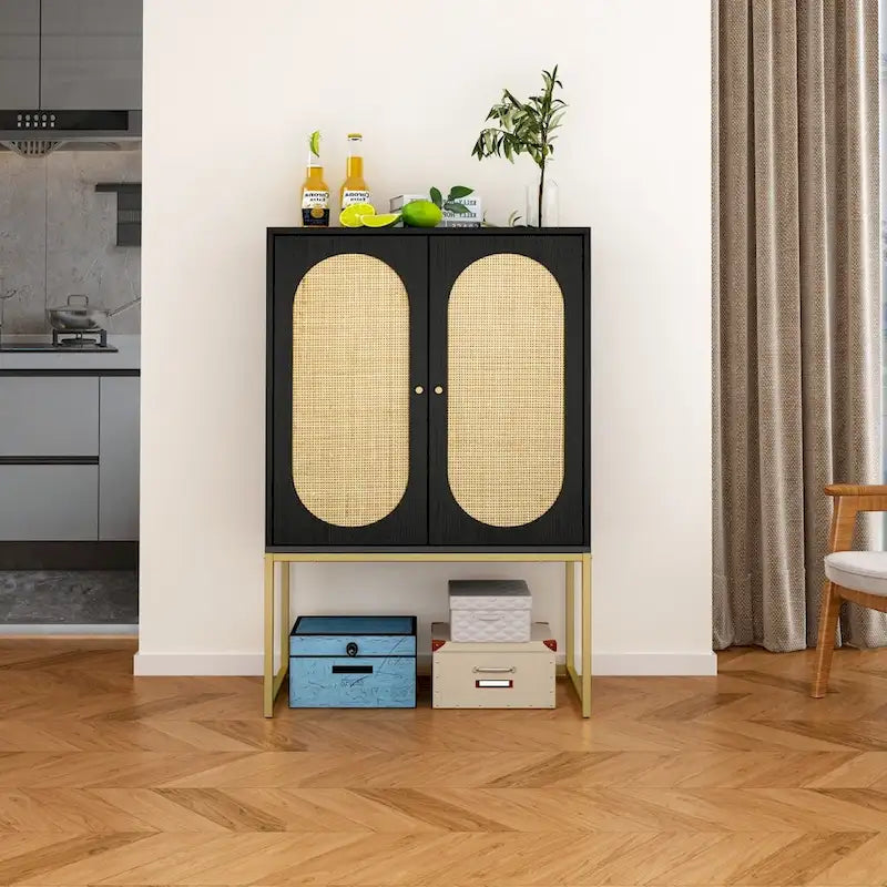 Natural Rattan Tall Storage Cabinet with Metal Legs