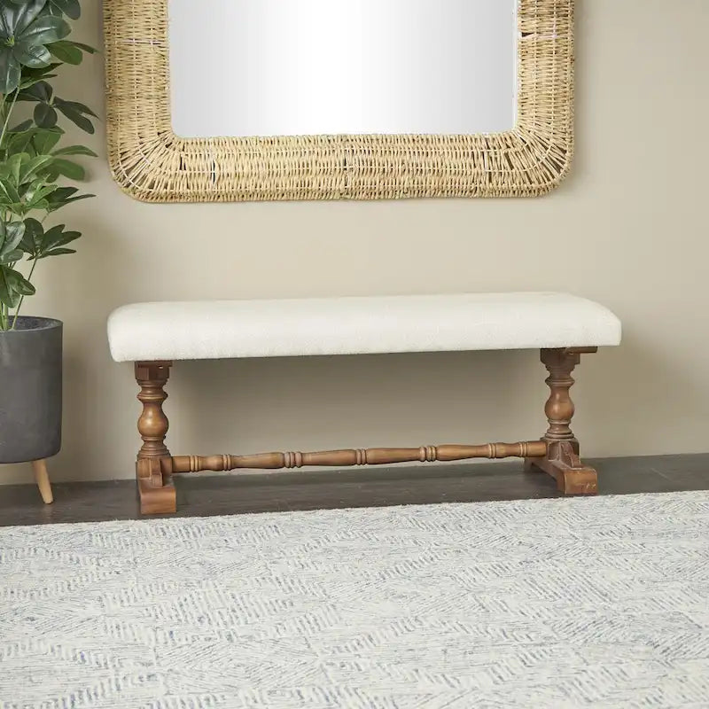 Cream Fabric Bench with Brown Turned Legs - Seats 2