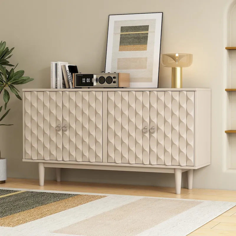 4-Door Sideboard - Convex Geometric Pattern - Silver Handles - MDF