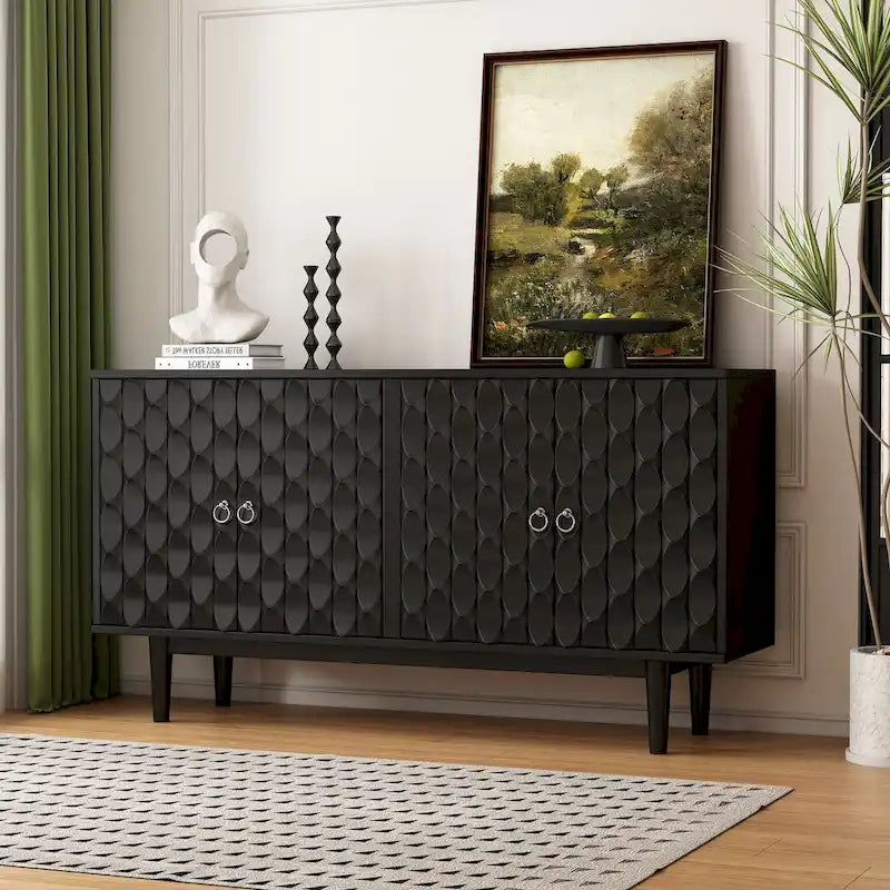4-Door Sideboard - Convex Geometric Pattern - Silver Handles - MDF