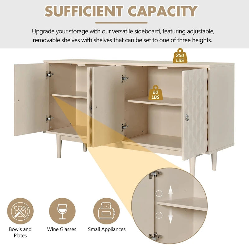 4-Door Sideboard - Convex Geometric Pattern - Silver Handles - MDF