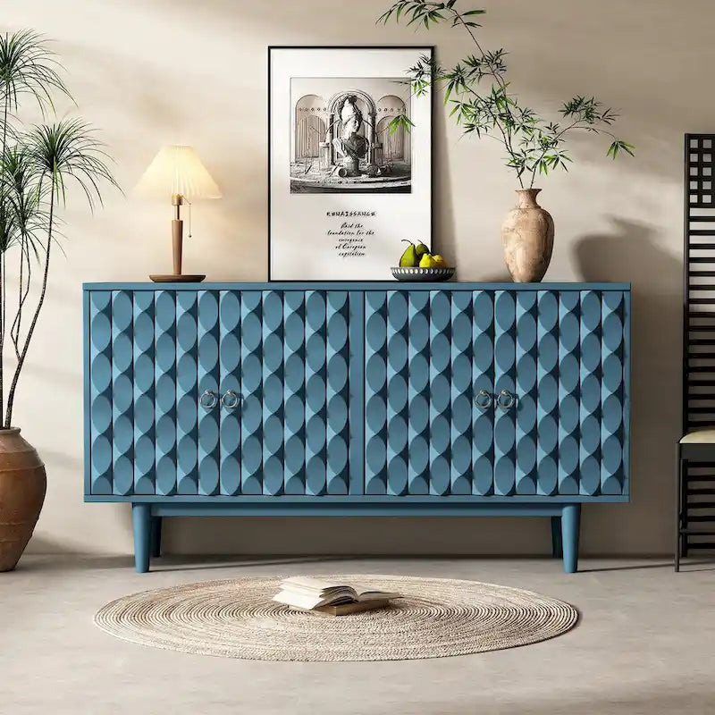 4-Door Sideboard - Convex Geometric Pattern - Silver Handles - MDF