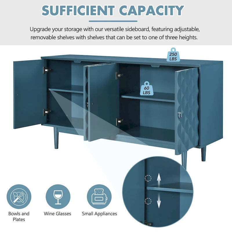 4-Door Sideboard - Convex Geometric Pattern - Silver Handles - MDF