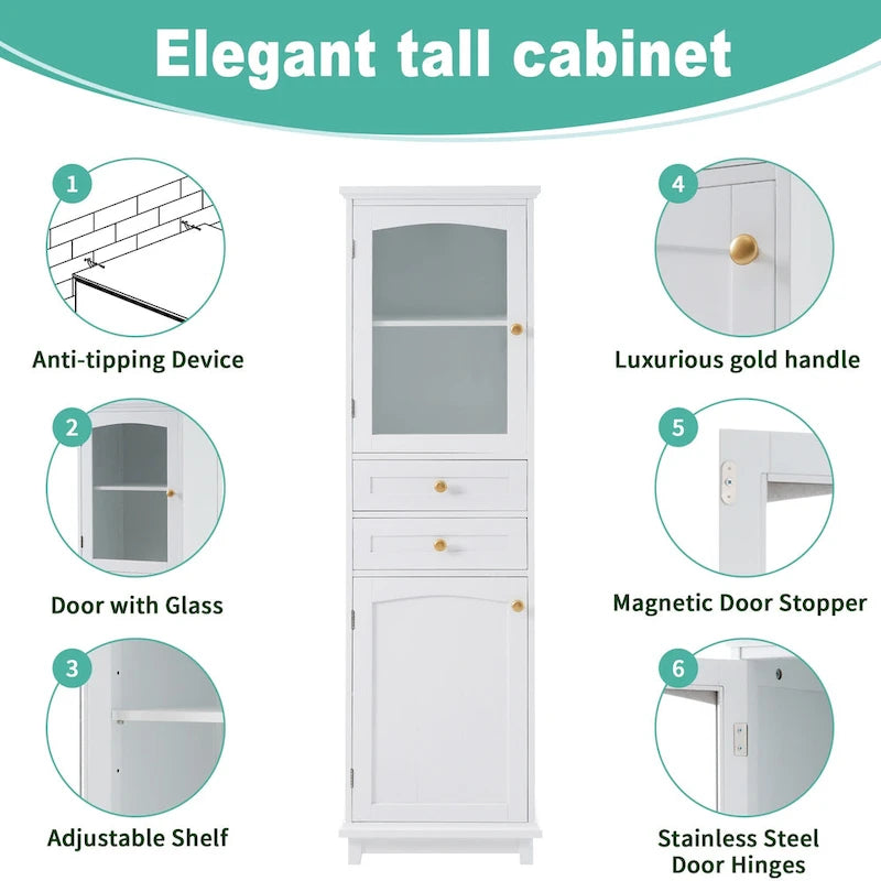 Tall Bathroom Storage Cabinet with Glass Doors