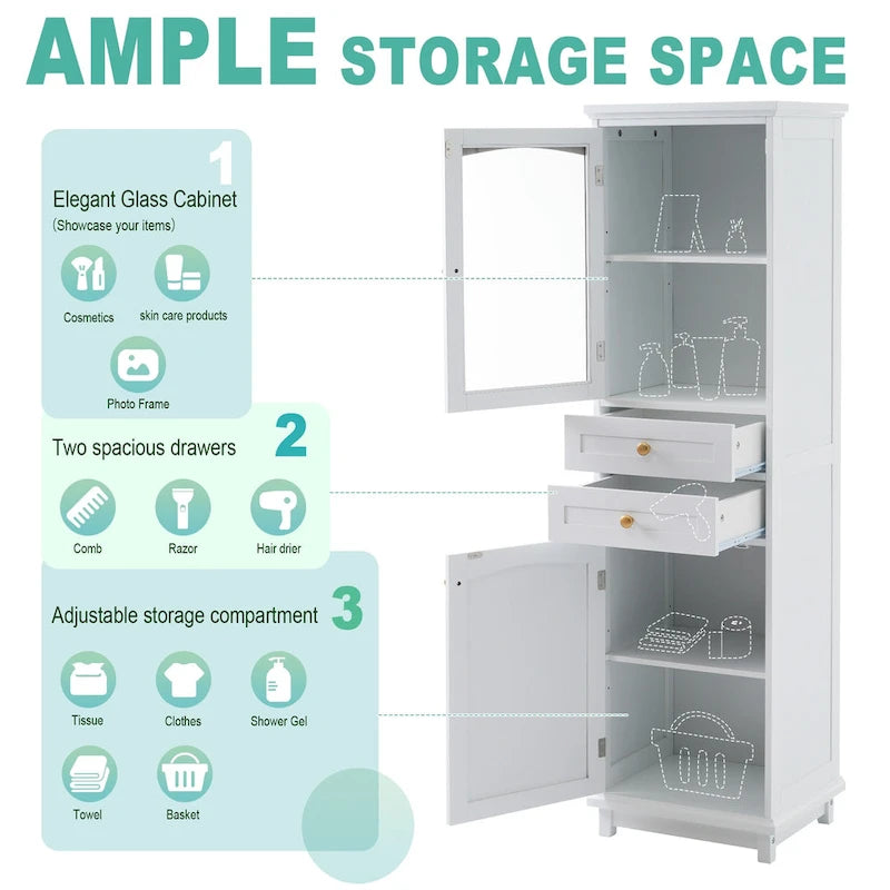 Tall Bathroom Storage Cabinet with Glass Doors