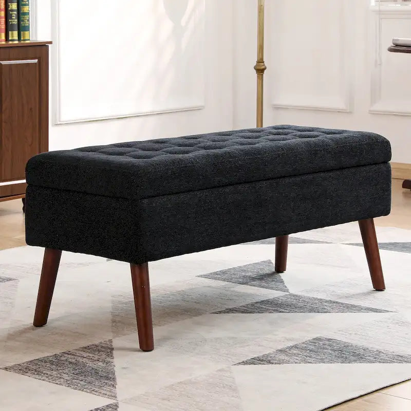 Grey Linen Tufted Storage Bench with Flip-Top Lid