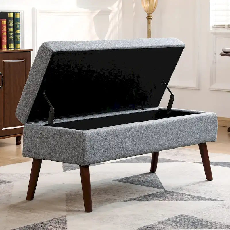 Grey Linen Tufted Storage Bench with Flip-Top Lid
