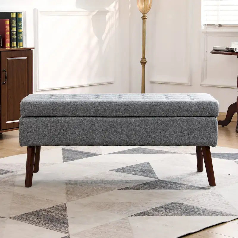 Grey Linen Tufted Storage Bench with Flip-Top Lid